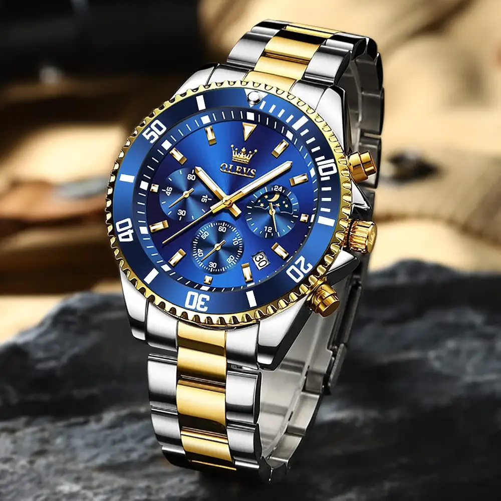 OLEVS Mens Watches Chronograph Quartz Blue Moon Phase Luxury