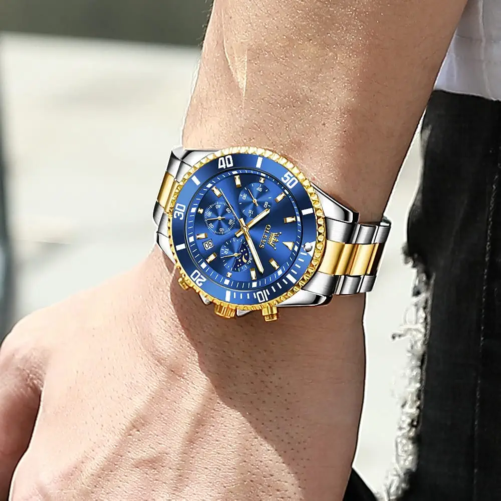 OLEVS Mens Watches Chronograph Quartz Blue Moon Phase Luxury