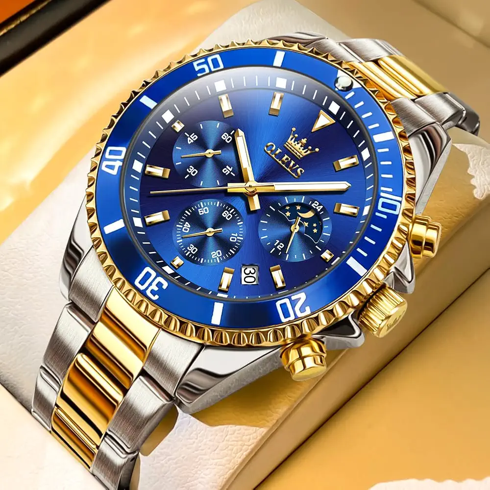 OLEVS Mens Watches Chronograph Quartz Blue Moon Phase Luxury