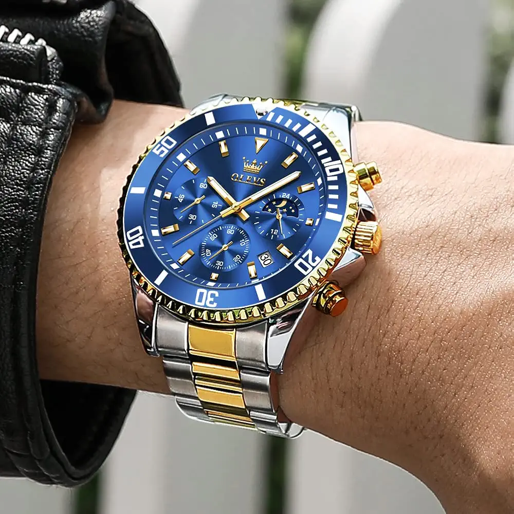 OLEVS Mens Watches Chronograph Quartz Blue Moon Phase Luxury