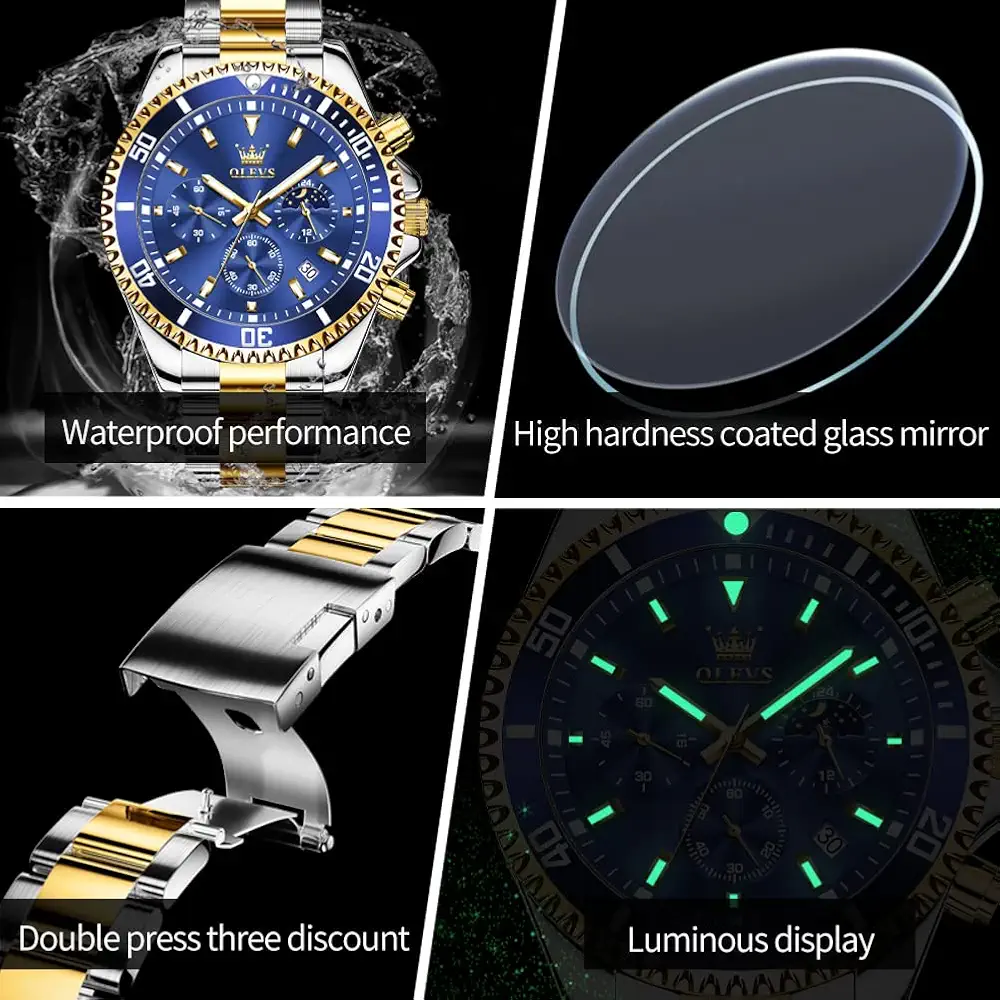 OLEVS Mens Watches Chronograph Quartz Blue Moon Phase Luxury